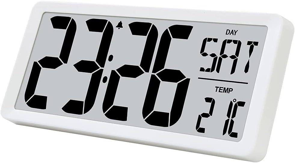 TXL 14.2" Large Digital Day Wall Clock, Custom 8 Languages Calendar, Count up-Down Timer and Temp Reminder, 12/24Hr Desktop Alarm Clock with Extra Large Display for Home Office Studio Hotel, White
