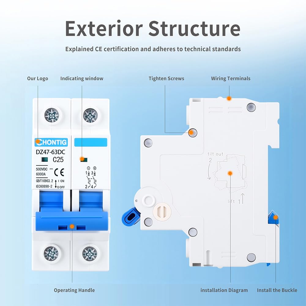 25 Amp Miniature DC Circuit Breaker 500V 2 Pole, Solar PV Disconnect Switch with Thermal Magnetic Trip, DIN Rail Mount Isolator C25