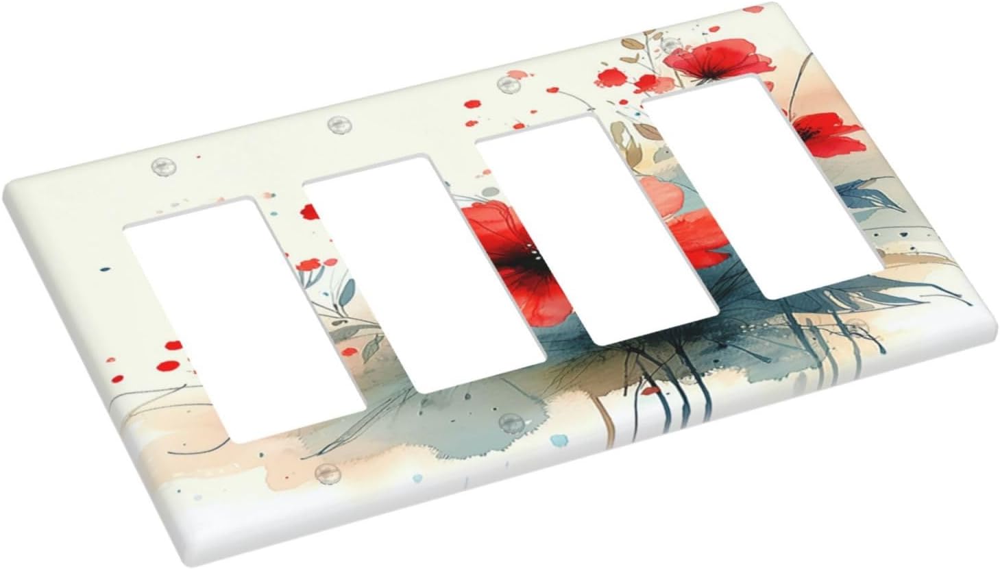 Vintage Floral Red Watercolor Modern Wallplates 4 Gang Quad Rocker Decorative Light Switch Covers Electrical GFCI Faceplate Switch Plate for Bedroom Bathroom Decor
