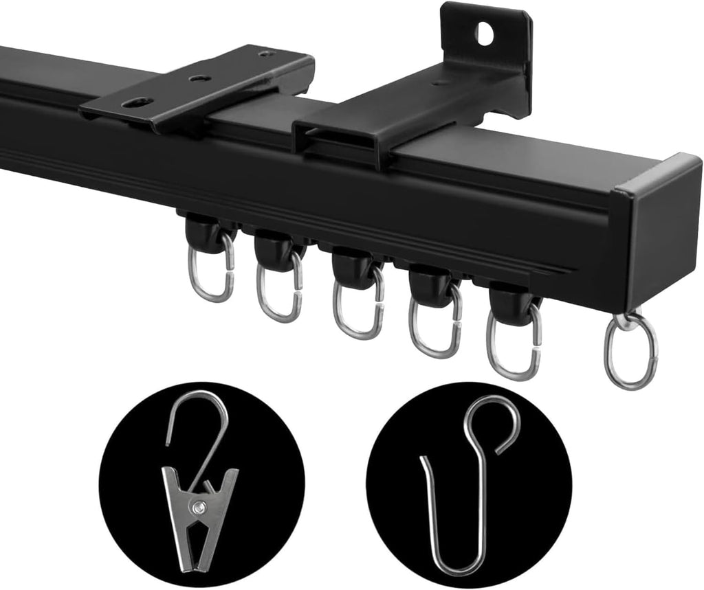 Ceiling Mount Curtains Track Room Divider Privacy Partition Separator Curtain Tracks Rods Heavy Duty RV Shower Outdoor Rail Clip Hook Set, Black 3-6ft