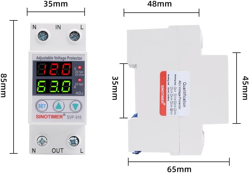 110VAC 120VAC 63A Over/Under Voltage Protection Device Voltage Current Protector, 2 Red LED Displays, Single Phase Low Voltage Monitor, Din Rail Installation in DB Home Usage