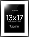 Homeforia 13x17 Picture Frame Black, High End Metal 13x17 Poster Frames with Mat 10x14 for Photo, 13 x 17 Black Frame Matted to 10 x 14 inch Print, 17x13 Thin Frame, Tempered Glass, Wall Kit, Set of 1