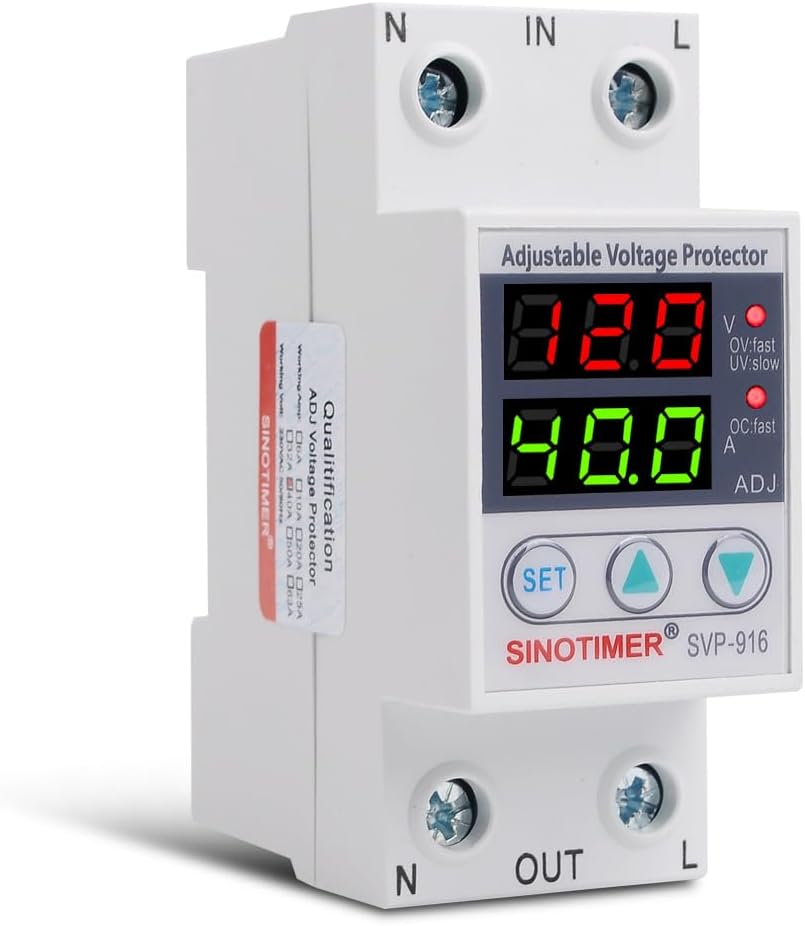 Adjustable Voltage Protector SINOTIMER Surge Protective Relay with 2 LED Displays Overvoltage and Undervoltage Current Limit Devices, 40A Load(Economical), Used in AC120V Residential