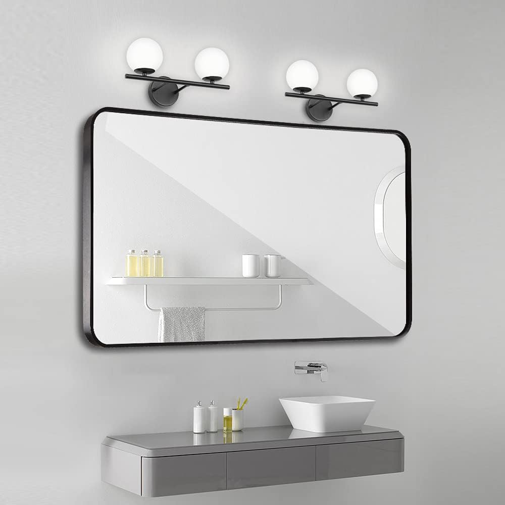 New Bathroom 2 Vanity Light Fixtures Brushed Black Milk White Globe Glass Shade Modern Wall Bar Sconce Over Mirror