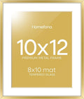 Homeforia 10x12 Picture Frame Gold, High End Metal 10x12 Poster Frames with Mat for 8x10, 10 x 12 Gold Frame Matted to 8 x 10 inch Photo, 10by12 Thin Hanging Frames, Tempered Glass, Wall Kit, Set of 1