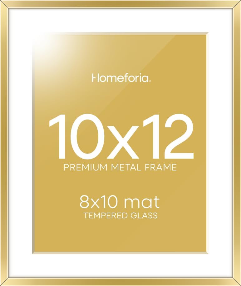 Homeforia 10x12 Picture Frame Gold, High End Metal 10x12 Poster Frames with Mat for 8x10, 10 x 12 Gold Frame Matted to 8 x 10 inch Photo, 10by12 Thin Hanging Frames, Tempered Glass, Wall Kit, Set of 1