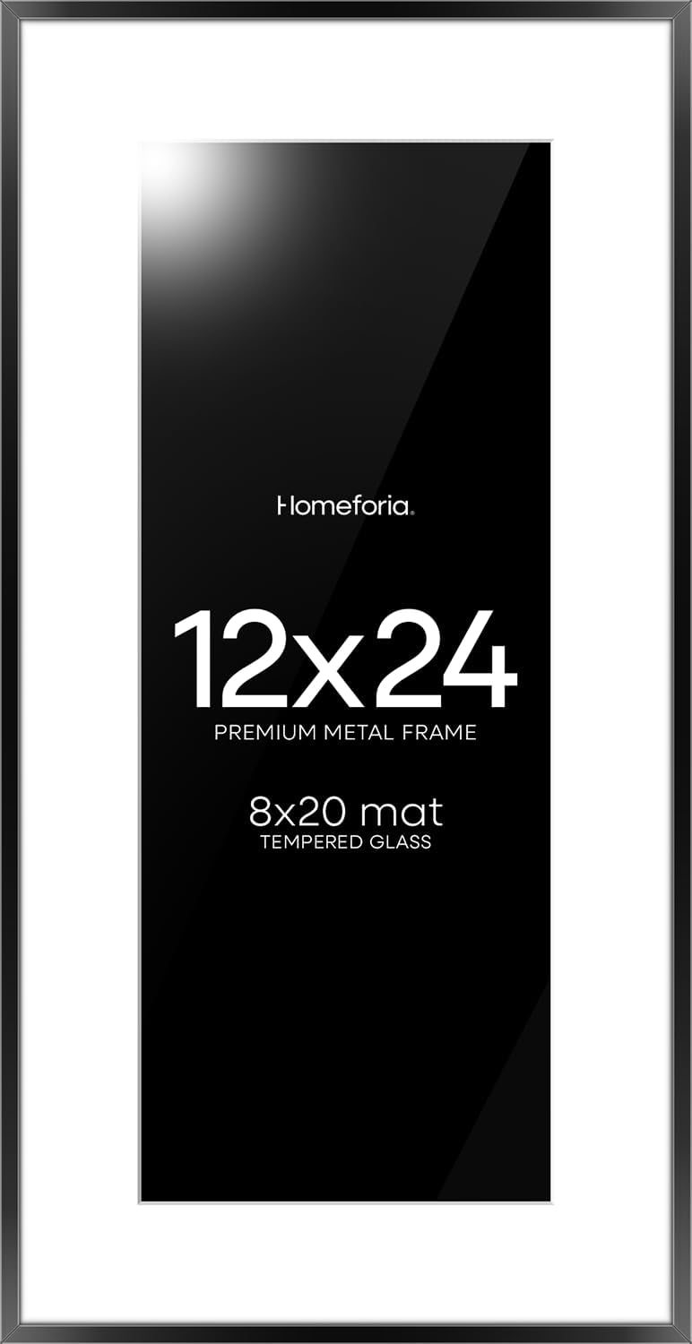 Homeforia 12x24 Picture Frame Black, High End Metal 12x24 Poster Frames with Mat 8x20 for Photo, 12 x 24 Black Frame Matted to 8 by 20 Print, 24x12 Panoramic Frames, Tempered Glass, Wall Kit, Set of 1