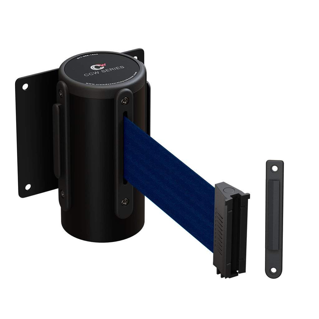 Crowd Control Warehouse - CCW Series WMB-120 Fixed Wall Mount Retractable Belt Barrier - 11 Foot, Navy Blue Belt with Black Steel Case