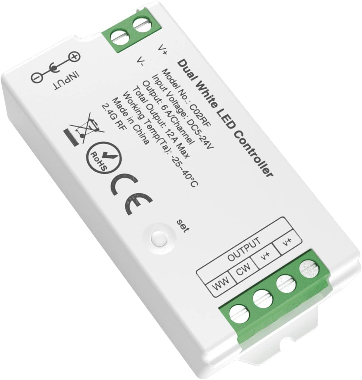 C02RF LED Controller Support PWM 5050SMD COB CCT(+ CW WW) 3pin LED Strip Tunable Color Temperature LED Compatible with WR02RF RC02RF Remote DC5V/DC12V/DC24V Max 12A Indoor Use Only