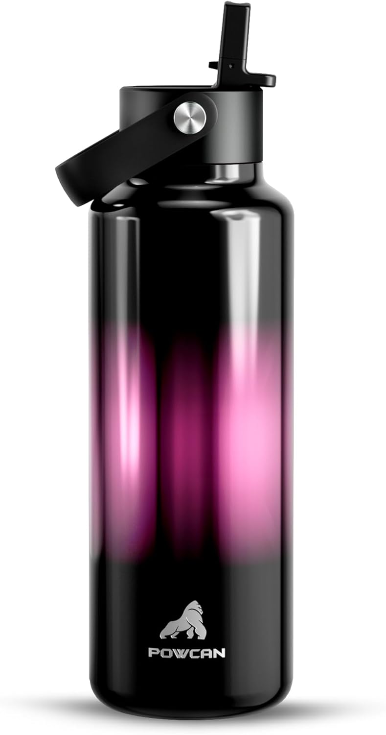 POWCAN 18 oz Insulated Water Bottle with Straw: Cold for 24H, Lightweight, Flex Cap, Stainless Steel Kids Water Bottle for Sport, Outdoors, Adventure, Biking, Hiking, Trekking, Travel (Neon Night)