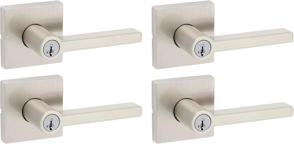 Kwikset Halifax Entry Door Handle with Lock and Key, Secure Keyed Reversible Lever Exterior, for Front Entrance and Bedrooms, Satin Nickel, 4 Pack, Pick Resistant SmartKey Rekey Security and Microban