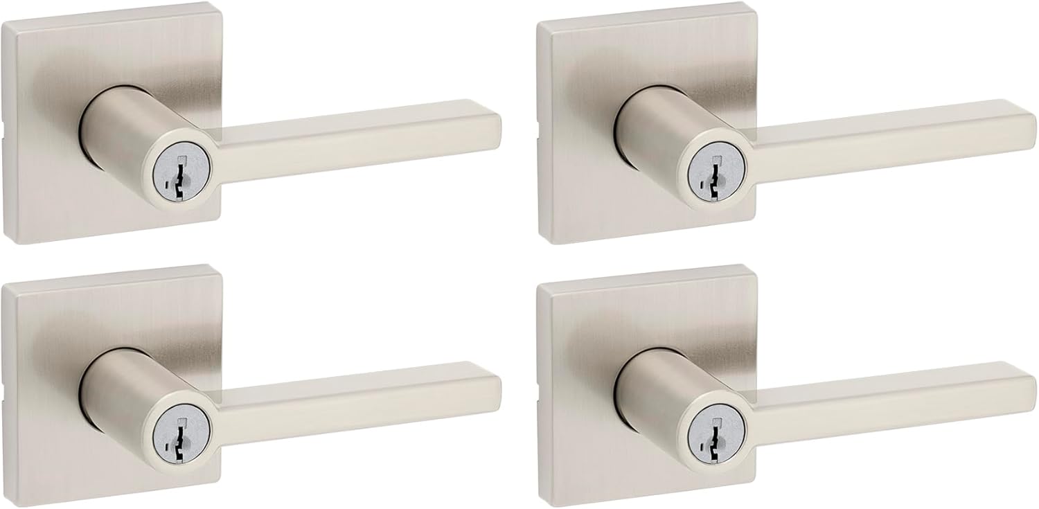 Kwikset Halifax Entry Door Handle with Lock and Key, Secure Keyed Reversible Lever Exterior, for Front Entrance and Bedrooms, Satin Nickel, 4 Pack, Pick Resistant SmartKey Rekey Security and Microban