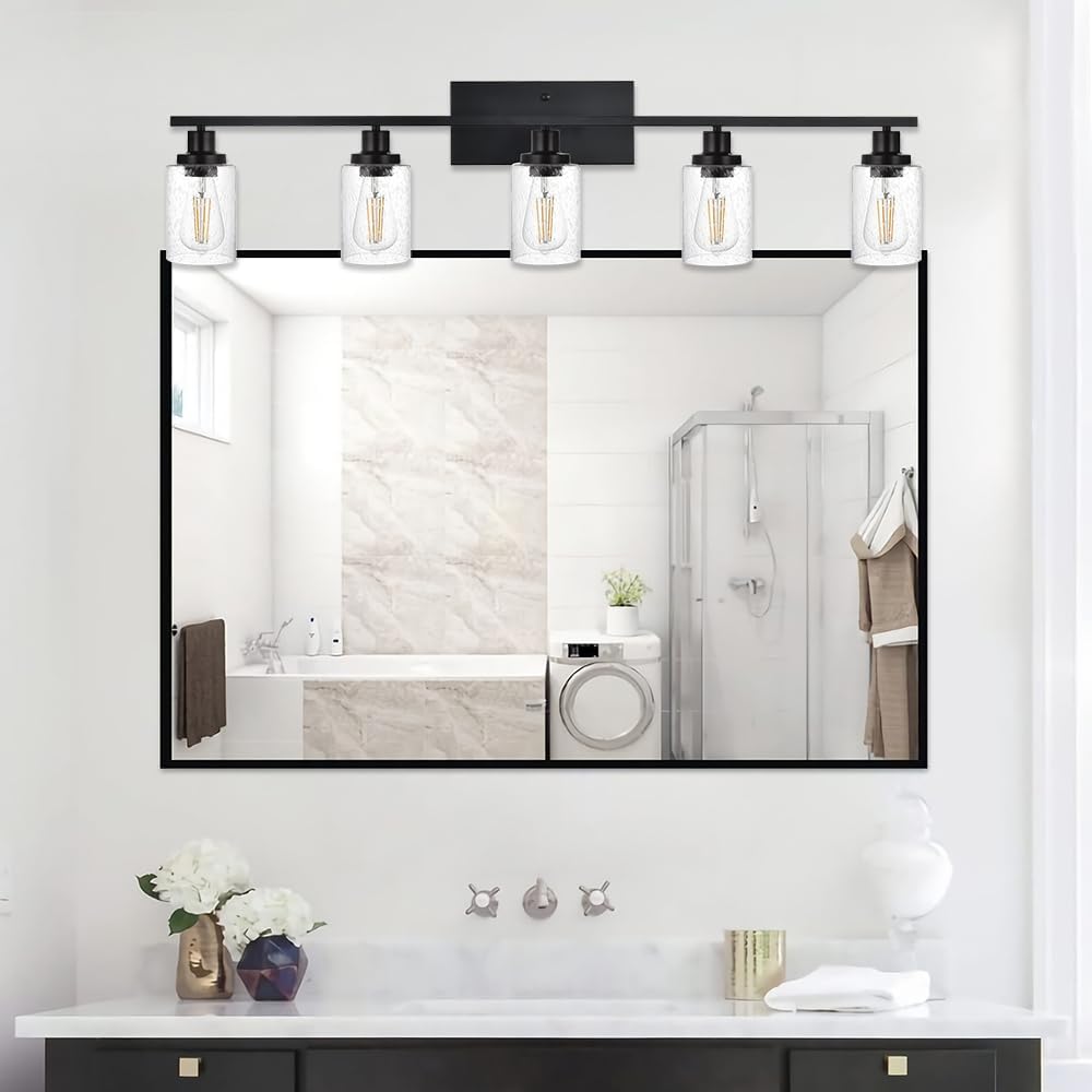 40 Inches Length Black Bathroom Lighting Fixtures, 5-Light Modern Industrial Wall Sconce Vanity Light Fixture with Seeded Glass for Bedroom Over Mirror