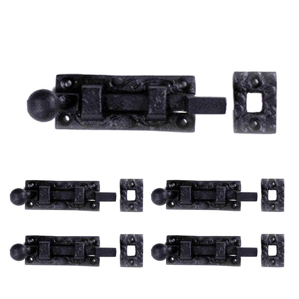 Renovators Supply Manufacturing Black Offset Slide Bolt Door Latch 4" Long Wrought Iron Metal Surface Sliding Bolts with Catch for Cabinet Doors Easy Install Lock with Mounting Hardware Pack of 4