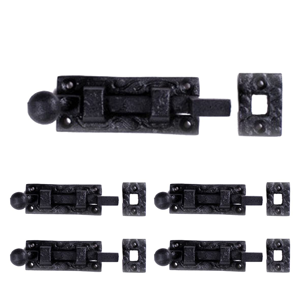 Renovators Supply Manufacturing Black Offset Slide Bolt Door Latch 4" Long Wrought Iron Metal Surface Sliding Bolts with Catch for Cabinet Doors Easy Install Lock with Mounting Hardware Pack of 4