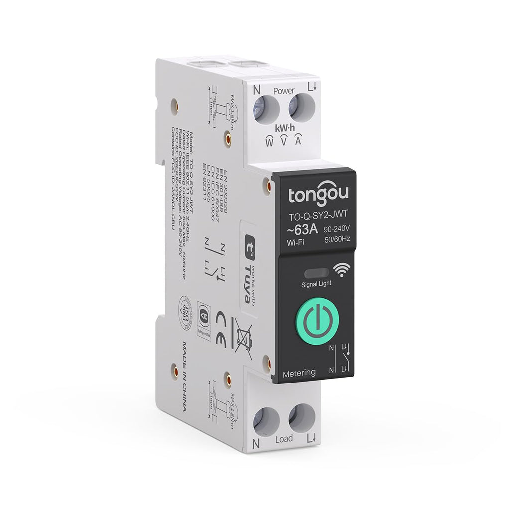 Smart Home DIN Rail WiFi Switch, 1P+N 1‑63A, Over-Current Protection, Tuya/Smart Life Remote Control, Voice Control via Alexa &Google Assistant, Energy Monitor, Timer Functions, FCC Certified