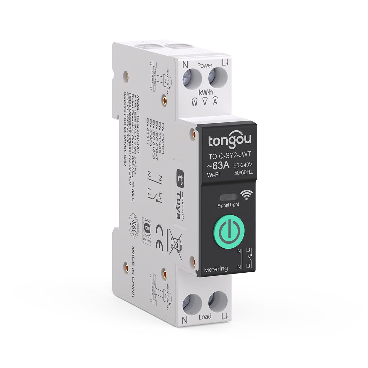 Smart Home DIN Rail WiFi Switch, 1P+N 1‑63A, Over-Current Protection, Tuya/Smart Life Remote Control, Voice Control via Alexa &Google Assistant, Energy Monitor, Timer Functions, FCC Certified