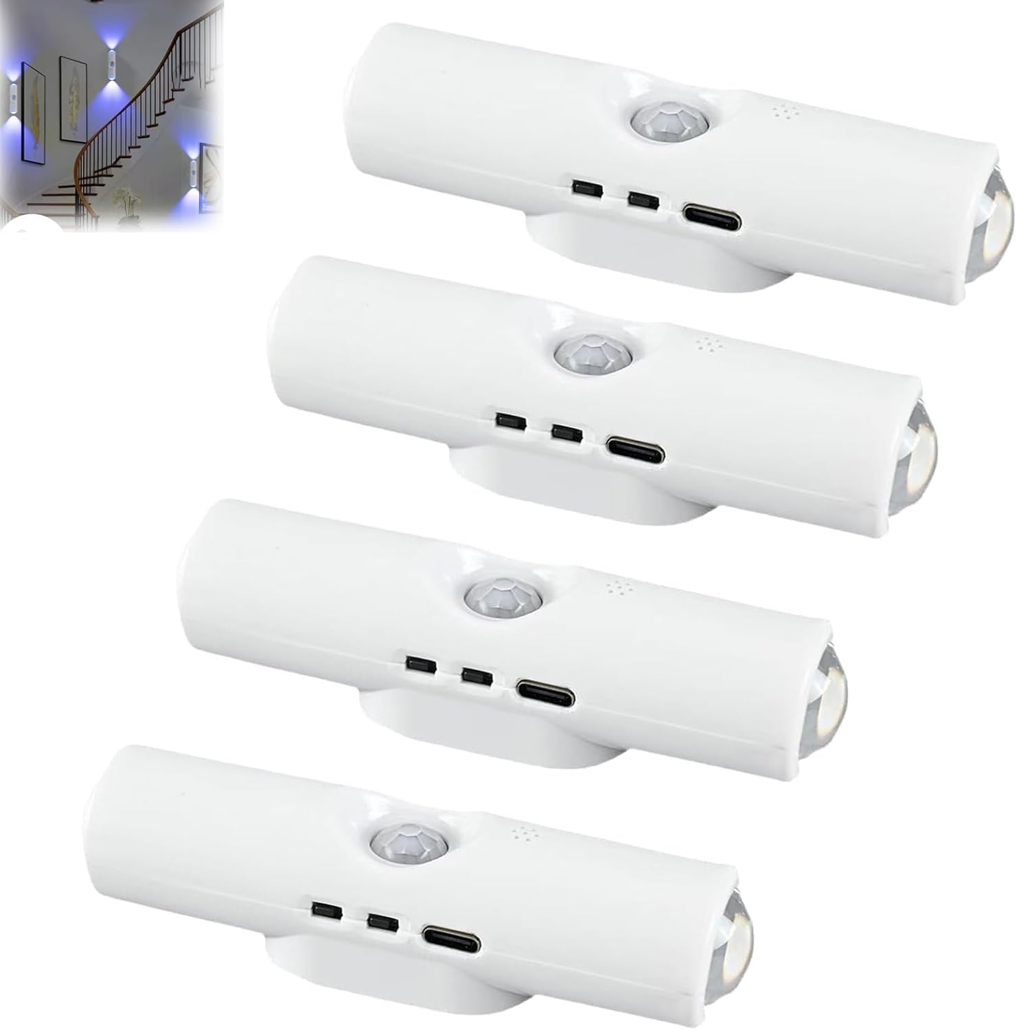 Rechargeable Smart LED Motion Sensor Ambient Light, Punch-Free Smart Sensor Magnetic Rechargeable LED Lights, Color Changing Motion Sensor Light for Stairs, Wardrobe, Cabinet (4, White-3 Colors)