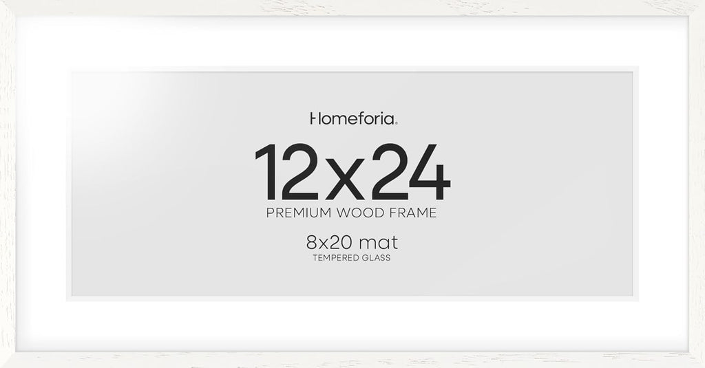 Homeforia 12x24 White Picture Frame, High End Oak 12x24 Wood Poster Frames with Mat 8x20 Photo, 12 x 24 White Wooden Frames Matted to 8 by 20, 24x12 Panoramic Frame, Tempered Glass, Wall Kit, Set of 1