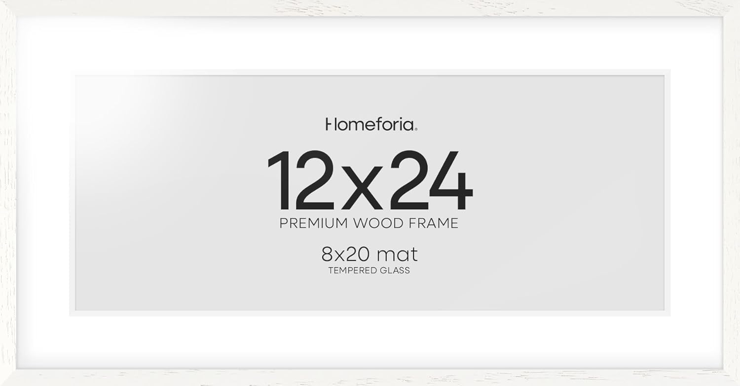 Homeforia 12x24 White Picture Frame, High End Oak 12x24 Wood Poster Frames with Mat 8x20 Photo, 12 x 24 White Wooden Frames Matted to 8 by 20, 24x12 Panoramic Frame, Tempered Glass, Wall Kit, Set of 1
