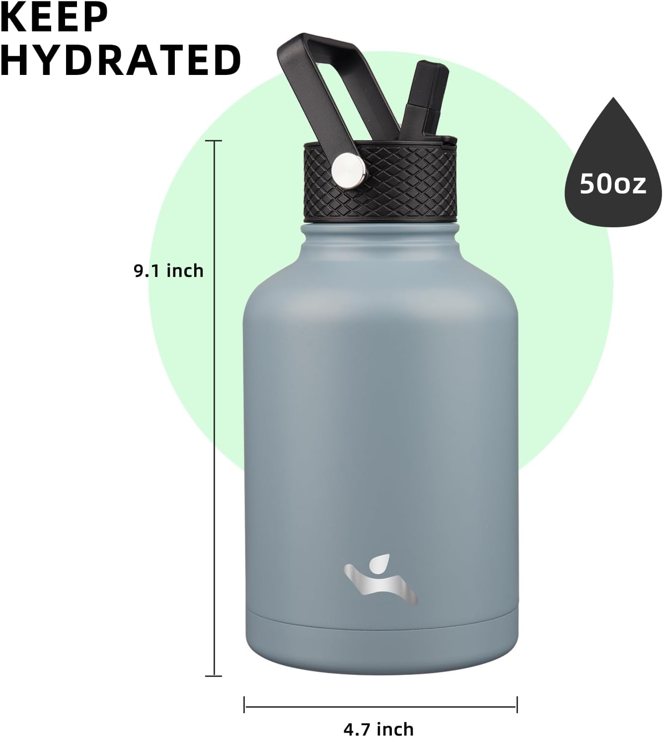Insulated Water Bottle with Straw,50 oz 3 Lids Water Jug with Carrying Bag,Paracord Handle,Double Wall Vacuum Stainless Steel Metal Flask,Storm Blue