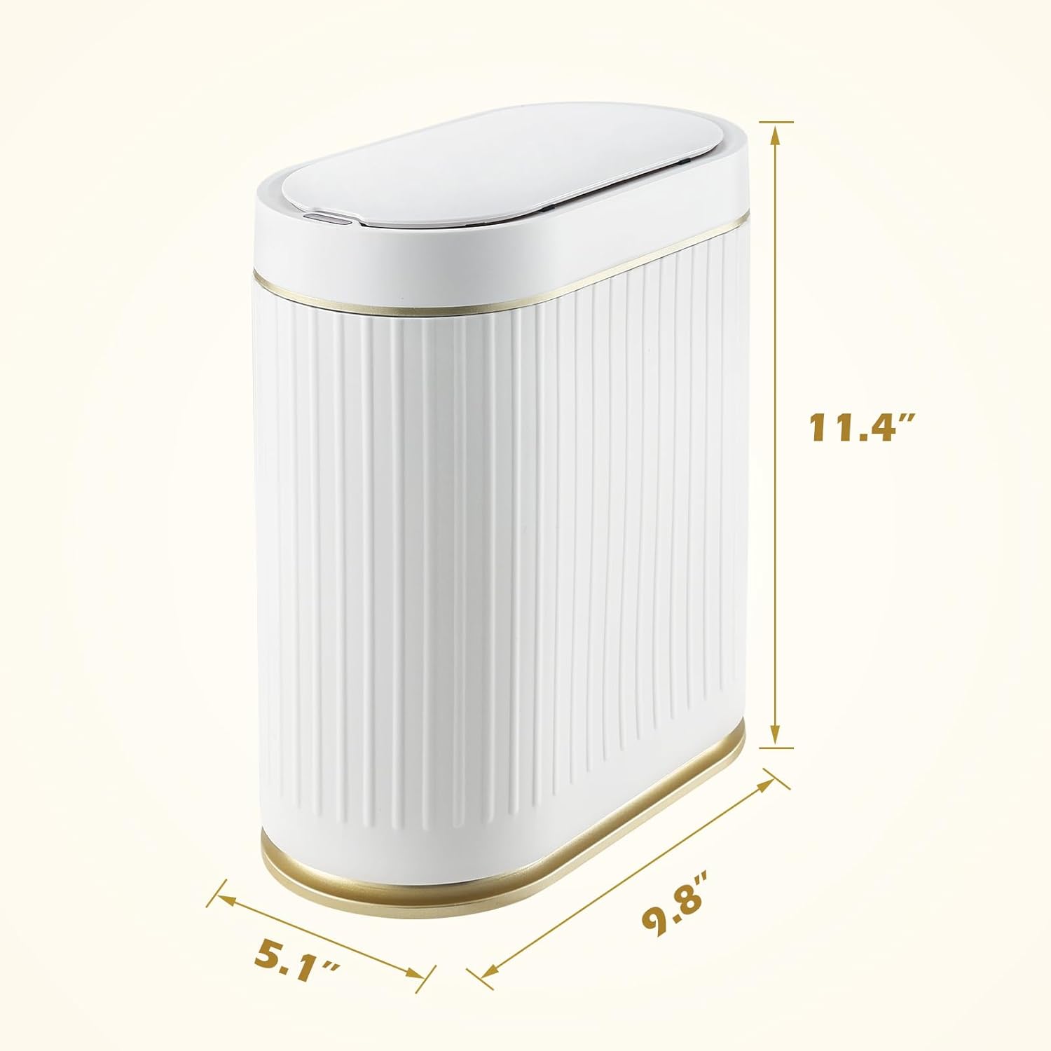 ELPHECO Bathroom Trash Can with Lid 2 Gallon Motion Sensor Garbage Can 7.5 Liter Small Trash can Touchless Bathroom Decor Waterproof Smart Waste Bin with Stripes for Bedroom, Office (White-Golden)