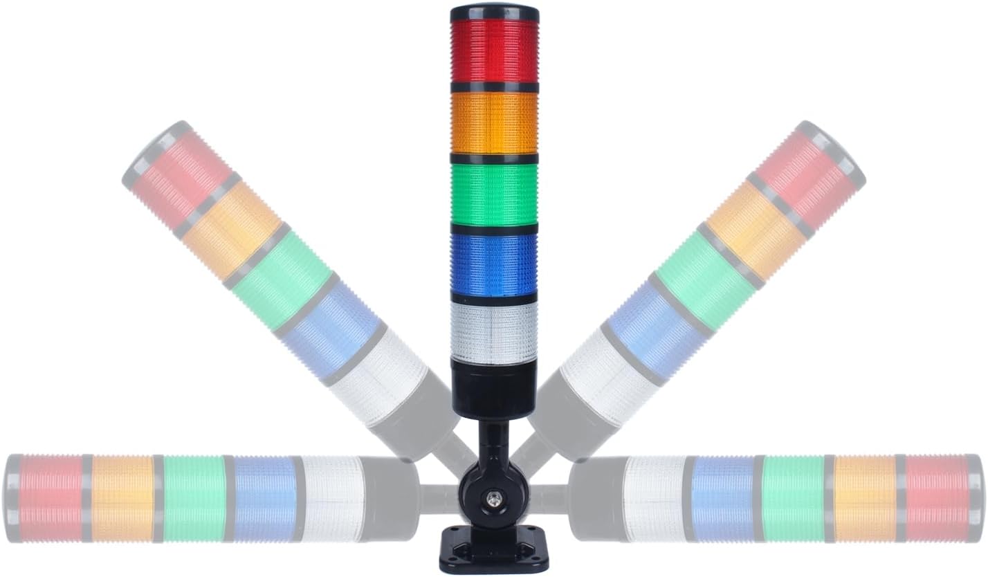 Led Signal Tower Stack Lights, Industrial Signal Warning Lights, Column Tower Lamp with Rotatable Base, Steady/Flashing Switchable, 110V 220V AC(5-Layer, with Buzzer) Black