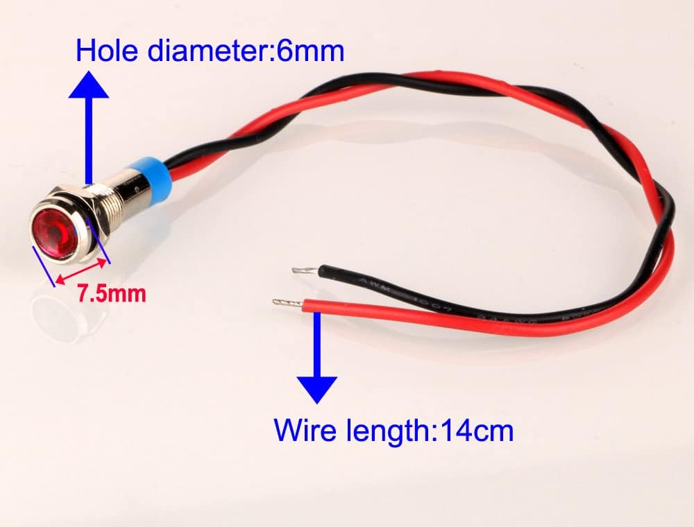 10pcs 6mm 1/4" LED Metal Indicator Light AC/DC 12-24V Waterproof Signal Lamp Pilot Dash Directional with Wire(Red)