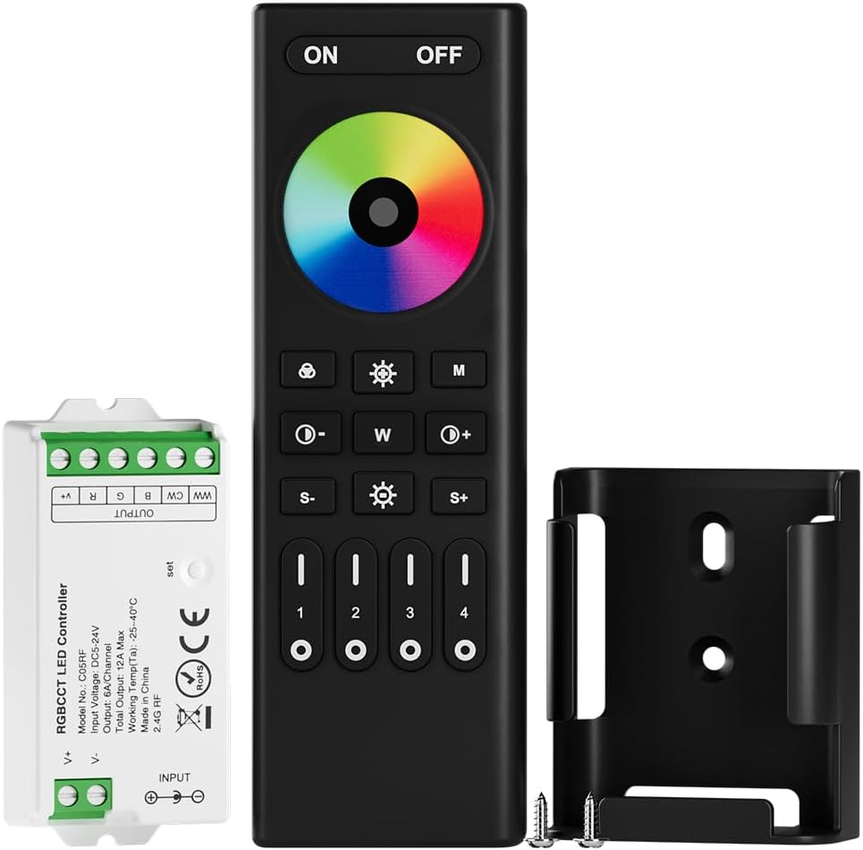 BTF-LIGHTING 5050SMD FCOB COB RGBCCT RF 2.4GHz Wireless Remote RC03RFB & C05RF Tuya Controller Kit 4 Zones Group Control PWM RGBWW(+ R G B C W) 6pin LED Strip DC5V DC12V DC24V