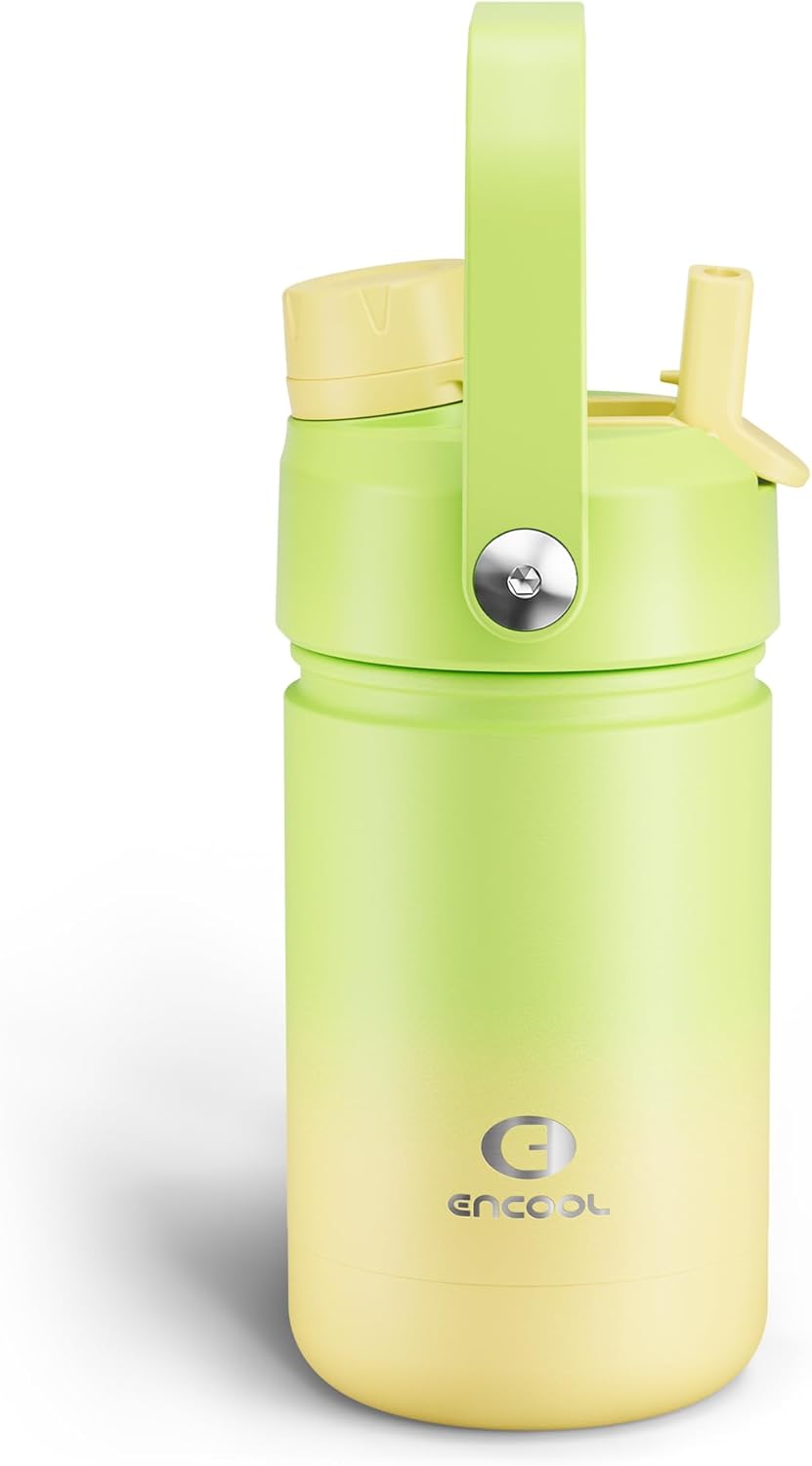 Kids Insualated Water Bottle with Straw - 12oz Stainless Steel Water Bottle with Dual Spouts, Leak-Proof, BPA-Free, Double Wall Vacuum Keeps Cold for 24 Hours for Sports, Travel, School (Morning Dew)