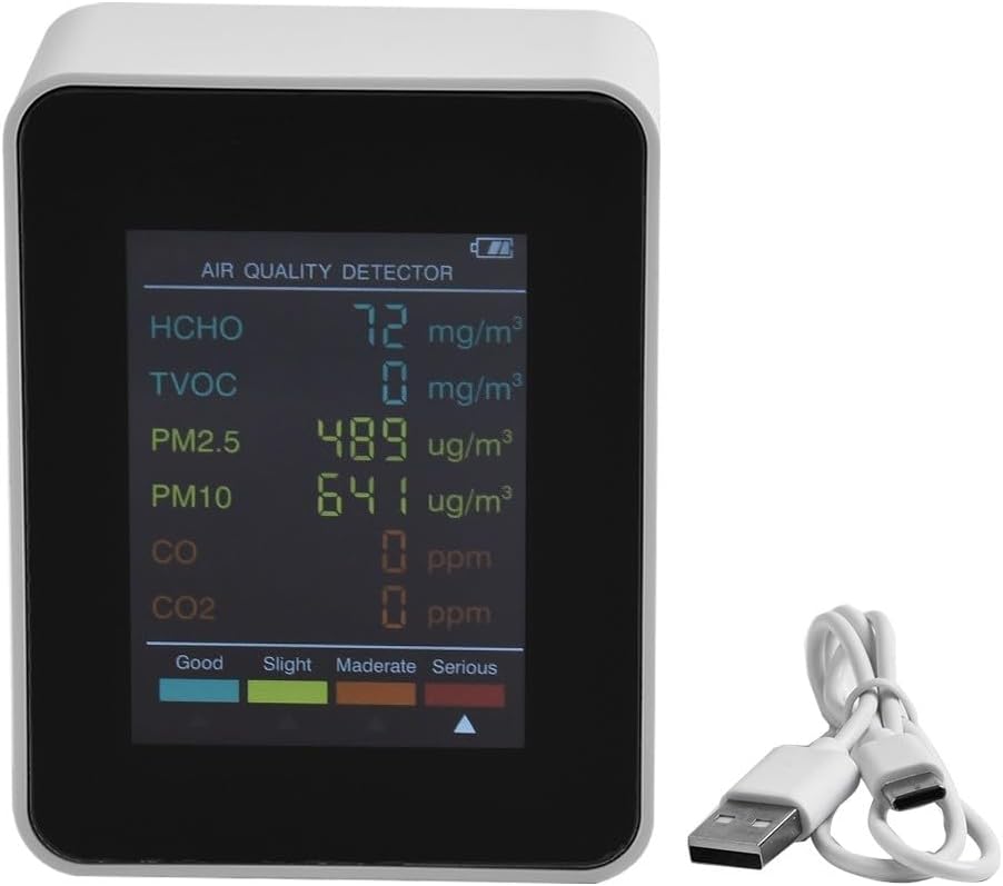 6 in 1 Air Quality Monitor PM2.5 PM10 HCHO Formaldehyde Detector Temperature Humidity Meter with Color Display Portable Indoor Air Tester