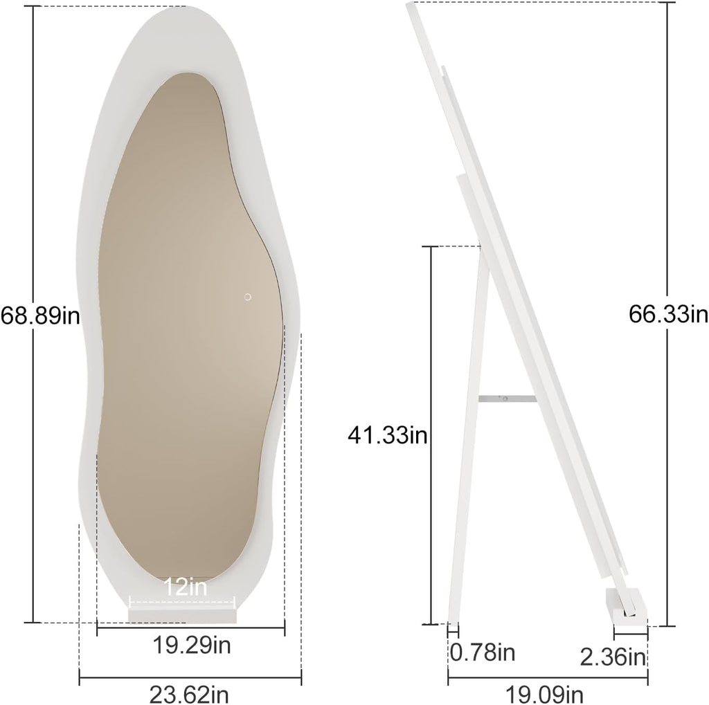 WoodsWhisper 69"X 24" Soild Wood Mirror Full Length,Wavy Wall Mirror,Lights Irregular Led Full Length MirrorShatter-Proof Hanging or Leaning Against Wall for Cloakroom/Bedroom/Living Room(White)