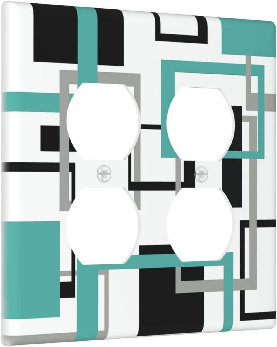 Geometric Turquoise Black Gray Modern Abstract Boho Outlet Covers 2 Gang Double Duplex Decorative Light Switch Covers Electrical Wallplates Socket Faceplate for Office Nursery Decor