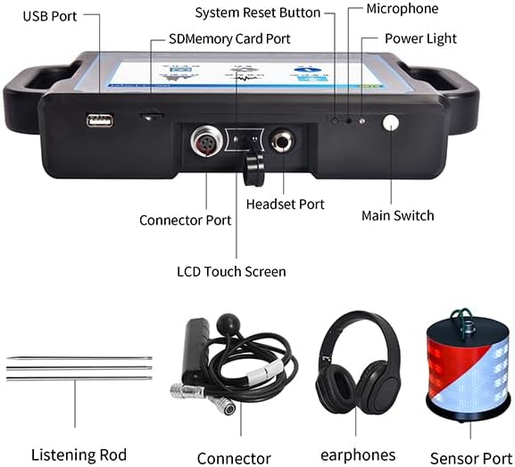 PQWT CL600 Water Leak Detectors for Home and Outside Wall Water Pipe Detector Acoustic Pipeline Leakage Detection Kit Professional Sensor Noise Reduce Headphone LSD Touchscreen Carry Case 6 Meters