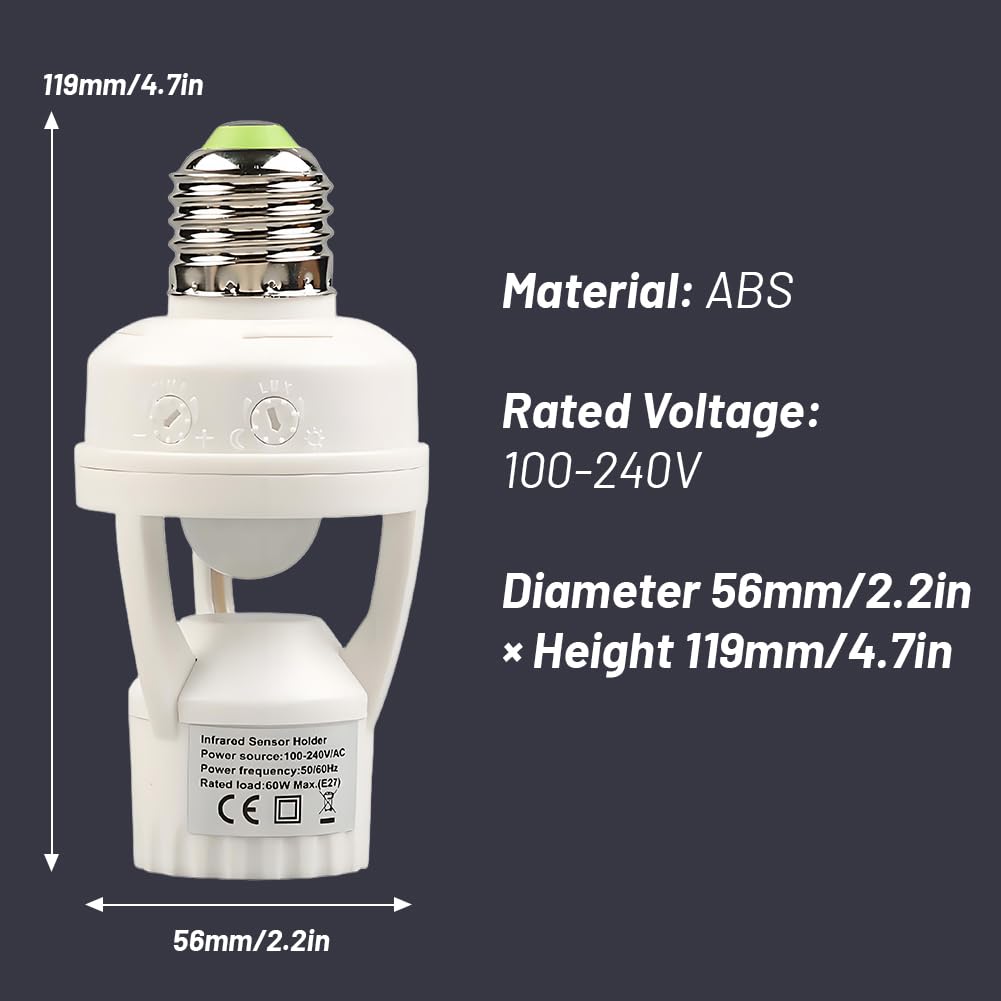 E27 Sensor Lights Socket, Motion Sensor Light Socket 10-300 Sec Delay, 6m Sensing Distance, IR Motion Activated Lamp Holder for Basement, Garage, Staircase (100-240V)