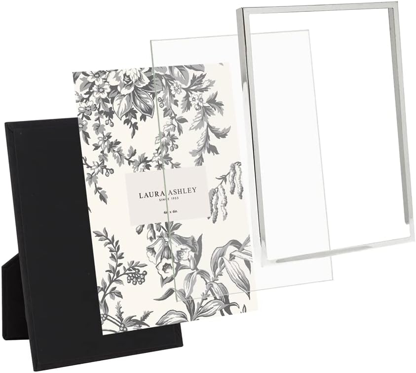 Laura Ashley 4x6 Silver Flat Metal Picture Frame (Vertical & Horizontal) w/Two-Way Easel Stand, Black Velvet Backing, Wall-Mountable, Made for Tabletop, Desk, Wall Display, Home Décor (4x6, Silver)