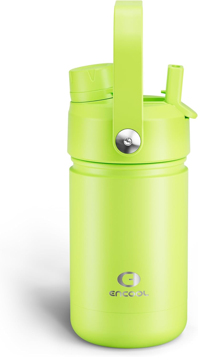 Kids Insualated Water Bottle with Straw - 12oz Stainless Steel Water Bottle with Dual Spouts, Leak-Proof, BPA-Free, Double Wall Vacuum Keeps Cold for 24 Hours for Sports, Travel, School (Sharp Green)