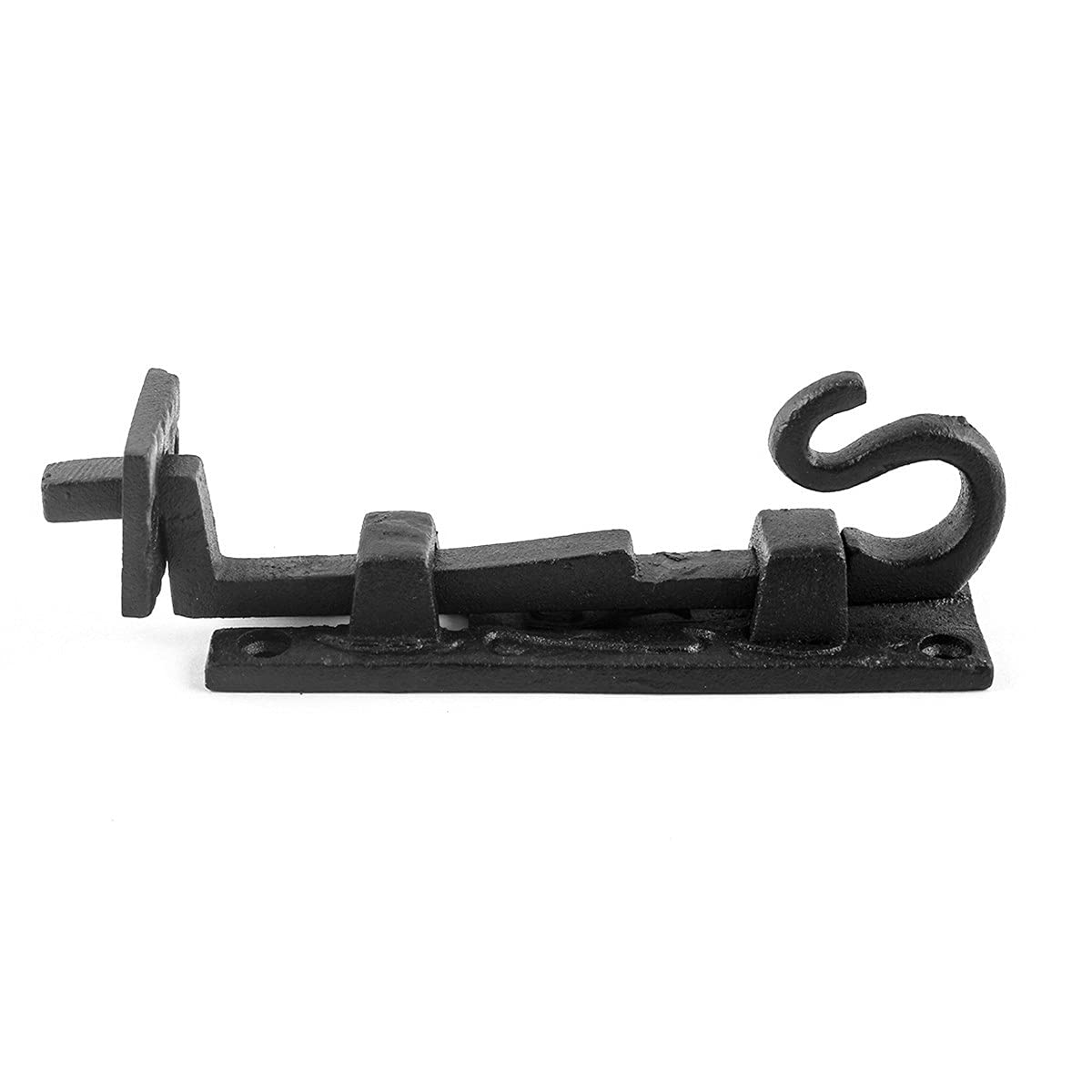 Renovators Supply Manufacturing Door Lock Latch 5 in. Black Wrought Iron Pig Tail Tip Styled Necked Offset Slide Bolt Latch with Mounting Hardware