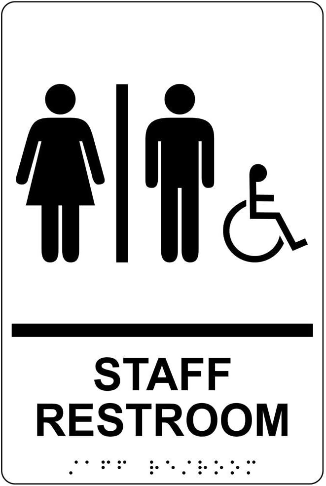 ComplianceSigns.com Staff Restroom Sign, ADA-Compliant Braille and Raised Letters, 9x6 in. Black on White Acrylic with Adhesive Mounting Strips