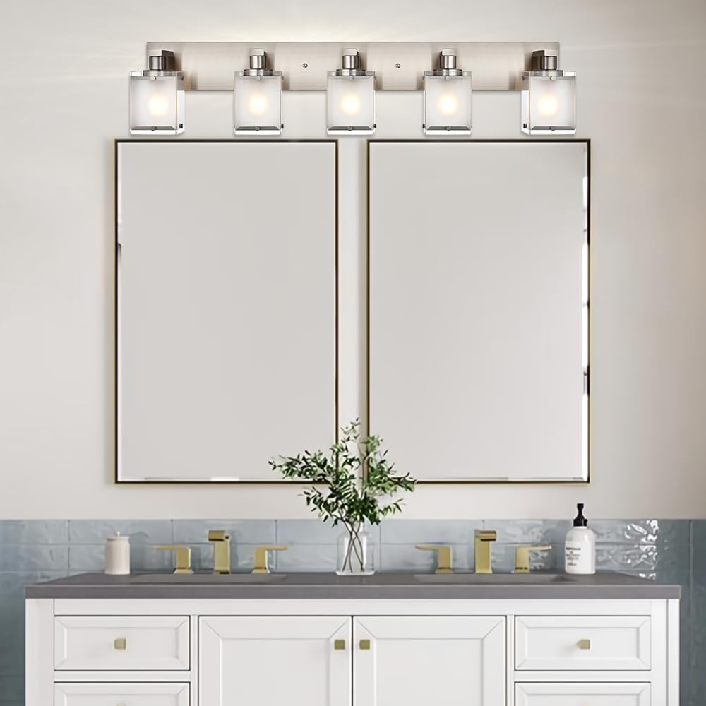 5-Lights Bathroom Vanity Light Fixtures, Modern Brushed Nickel Wall Sconce Lighting with Rectangular Frosted Glass Shades, E26 Bulb Base