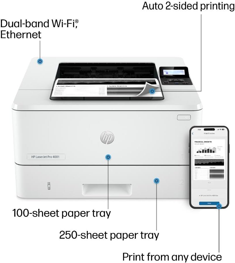 HP Laserjet Pro 4001dw Wireless Black & White Printer, Best-for-Office (2Z601F)