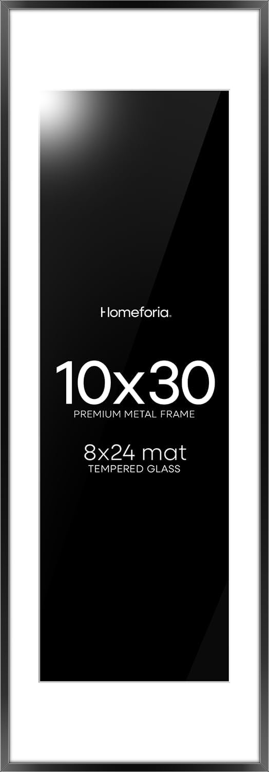Homeforia 10x30 Picture Frame Black, High End Metal 10x30 Poster Frames with Mat 8x24 for Photo, 10 x 30 Black Frame Matted to 8 by 24 Print, 30x10 Panoramic Frames, Tempered Glass, Wall Kit, Set of 1