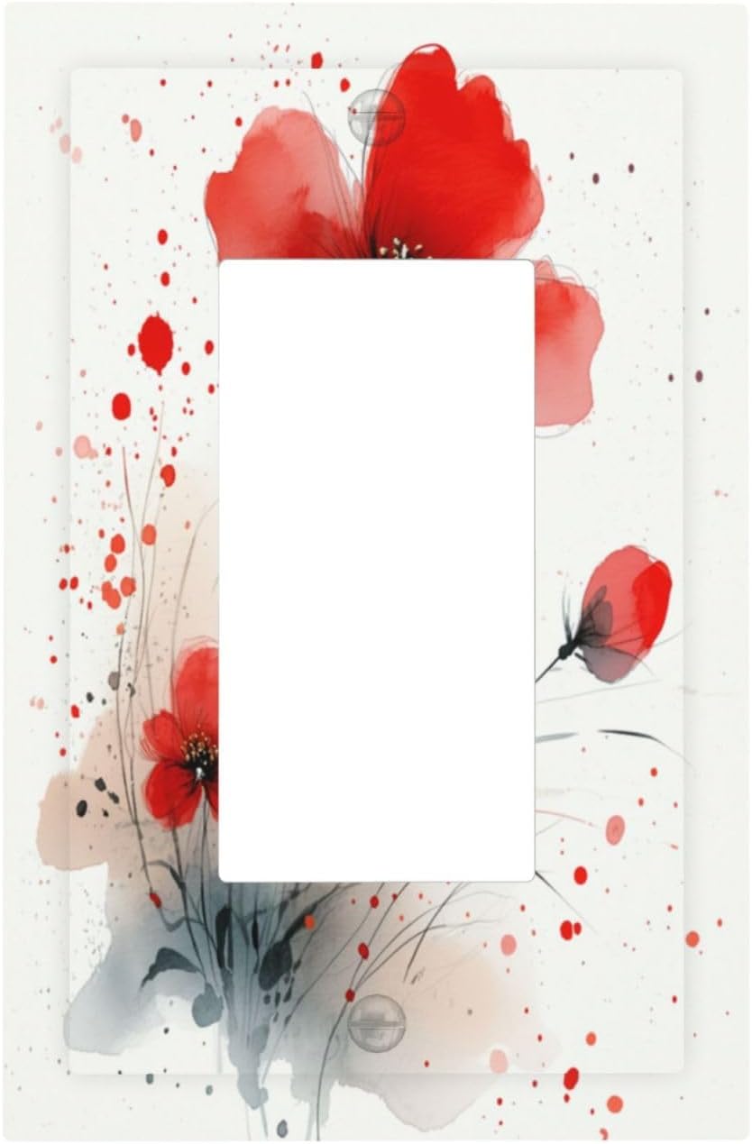 Vintage Watercolor Red Flowers Floral Decorative Outlet Covers 1 Gang Single Rocker Light Switch Cover Plate Wall Plates GFCI Faceplate for Bedroom Bathroom Decor
