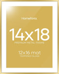 Homeforia 14x18 Picture Frame Gold, High End Metal 14x18 Poster Frames with Mat 12x16 Photo, 14 x 18 Gold Frame Matted to 12 by 16 Print, 18by14 Thin Hanging Frames, Tempered Glass, Wall Kit, Set of 1