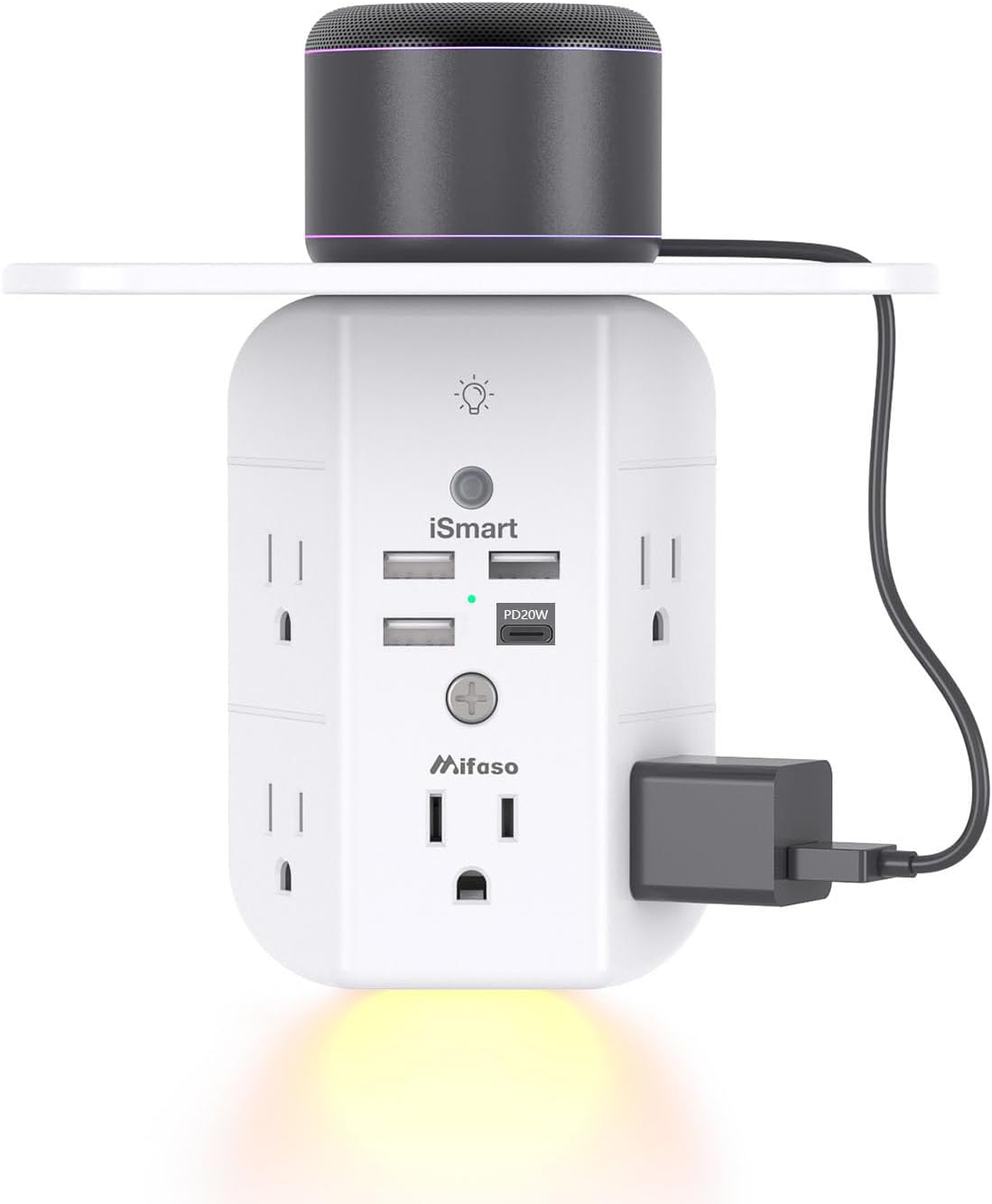PD20W Wall Outlet Extender, Outlet Splitter with Shelf and Night Light, USB Wall Charger with 5 AC Outlets and 3 USB A Ports 1 USB C Ports Wide Space 3-Sided Power Strip Multi Plug Outlets