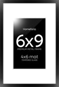 Homeforia 6x9 Picture Frame Black, High End Metal 6 x 9 Black Frames with Mat 4 x 6 for Art, 9x6 Desk Frame Matted to 4x6 inch Photo, 6 by 9 Wall or Tabletop Frames, Tempered Glass, Wall Kit, Set of 1
