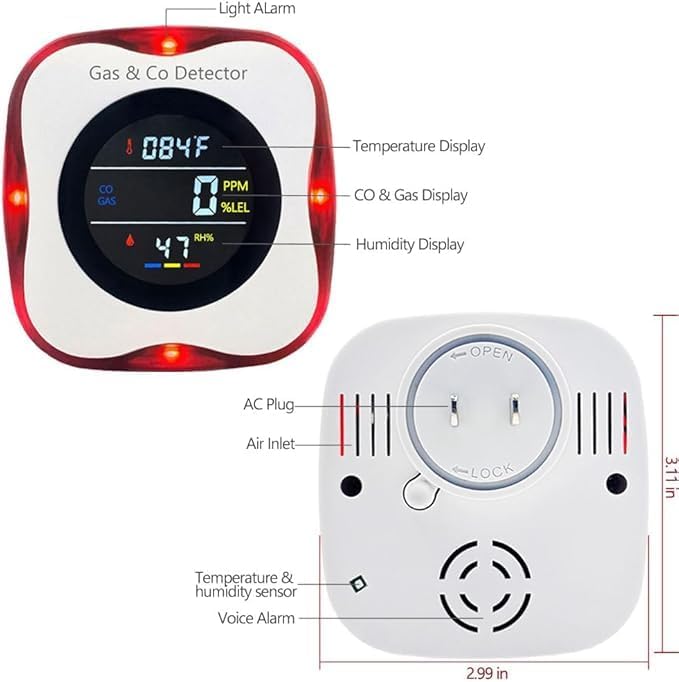 Combination Gas & Carbon Monoxide Detectors - Plug in CO Alarm & Natural Gas Detector with Temperature Humidity Display, CO Detector & Combustible Gas Detector for Home/Travel(3 Packs)