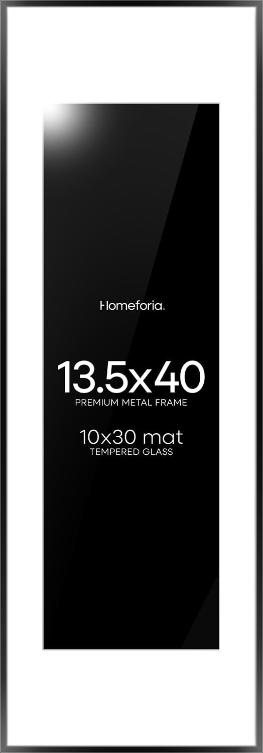 Homeforia 13.5x40 Panoramic Frame Black, High End Metal 13.5x40 Picture Frames with Mat 10x30 Photo, 13.5 x 40 Poster Frame Matted to 10 by 30 Print, 40x13.5 Frames, Tempered Glass, Wall Kit, Set of 1
