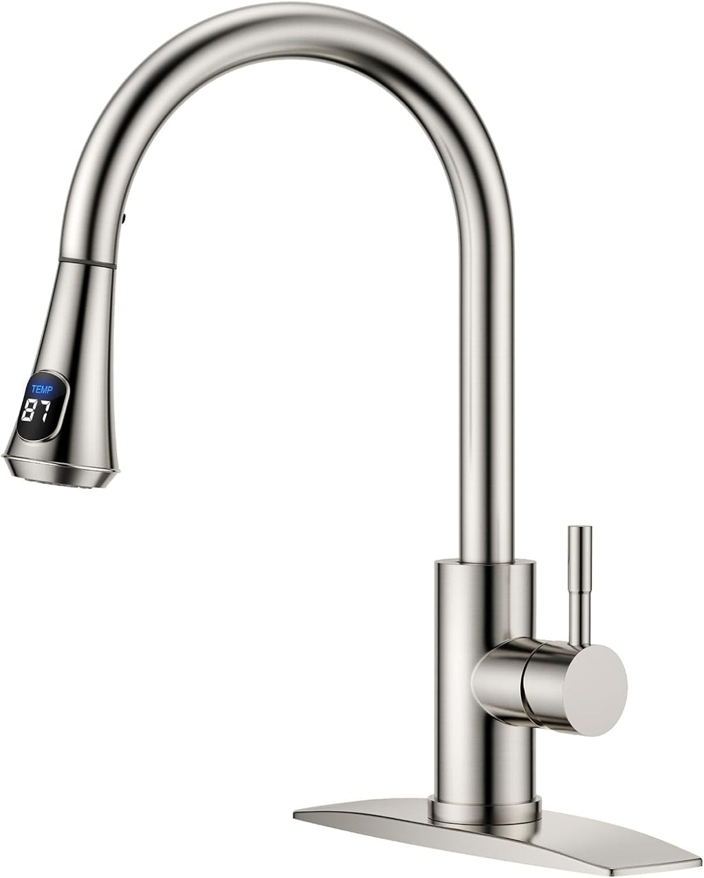 FORIOUS LED Kitchen Faucet with Pull Down Sprayer, Brushed Nickel, Single Handle Modern Stainless Steel Sink Faucet with Temperature Digital Display, Suitable for Farmhouse Camper Rv Bar
