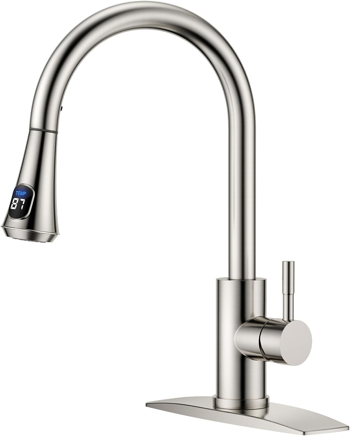 FORIOUS LED Kitchen Faucet with Pull Down Sprayer, Brushed Nickel, Single Handle Modern Stainless Steel Sink Faucet with Temperature Digital Display, Suitable for Farmhouse Camper Rv Bar